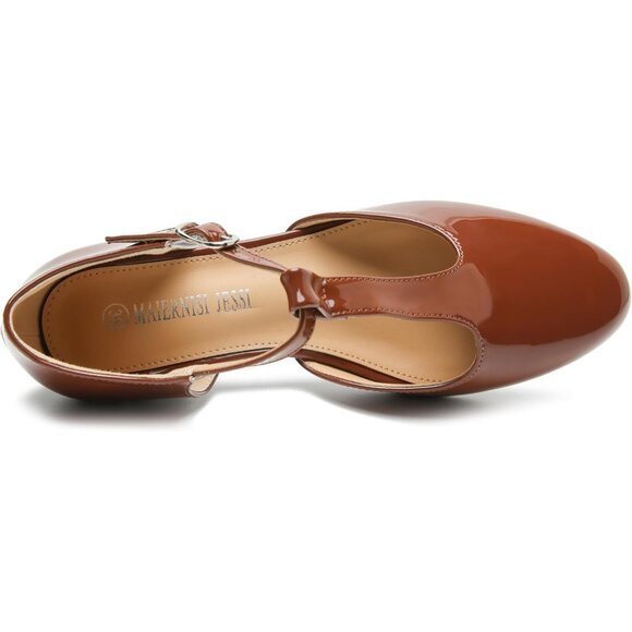 Womens T-Strap Low Chunky Heel Mary Jane Pumps Brown Patent Size 12.5 (45) - Picture 10 of 13